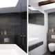Badrumsinspiration - Mörkgrå klinker och vita väggar i badrum med vägghängd toalett och takfönster.