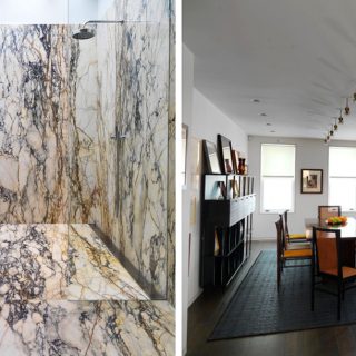 Badrumsinspiration - Flödig marmor i badrum med inbyggt badkar, marmortvättställ och takdusch i Selldorf Greenwich Village Townhouse