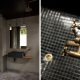 Badrumsinspirarion - Industriellt badrum med betong, svart mosaik och kranar i mässing.
