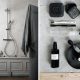 Badrumsinspiration - Stilleben i grått badrum med slitet trä, höga socklar, putsade väggar med styling av Lotta Agaton