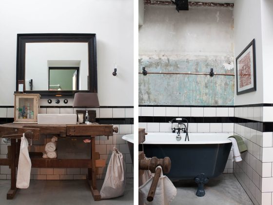 Badrumsinspiration - Industriellt badrum med slitna väggar, synliga kopparrör och badrumsmöbel av snickarbänk.