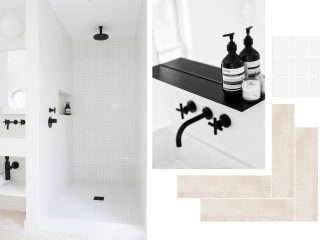 Badrumsinspiration - Skapa stilen - vitt badrum med ljust trä och svarta detaljer