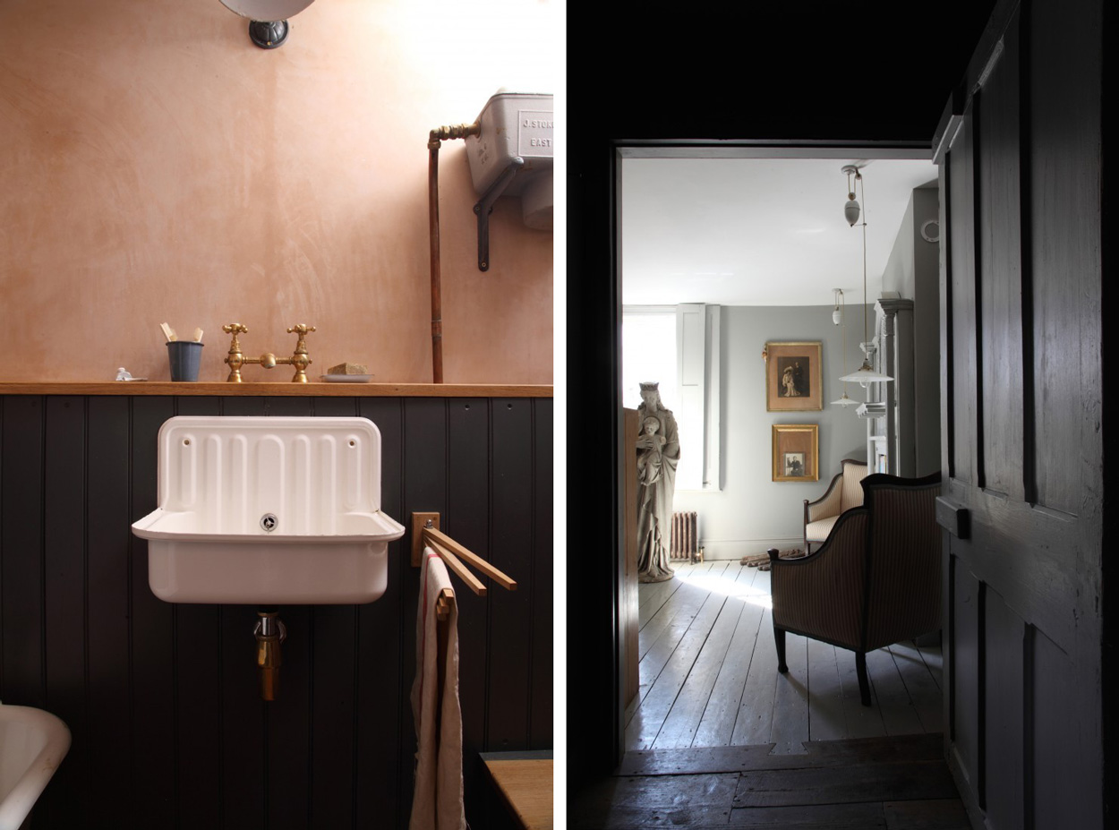 Badrumsinspiration - svart rosa badrum inspiration arts crafts kalkmalade vaggar design Patrick Williams Berdoulat London flat via Remodelista badrumsdrommar feature