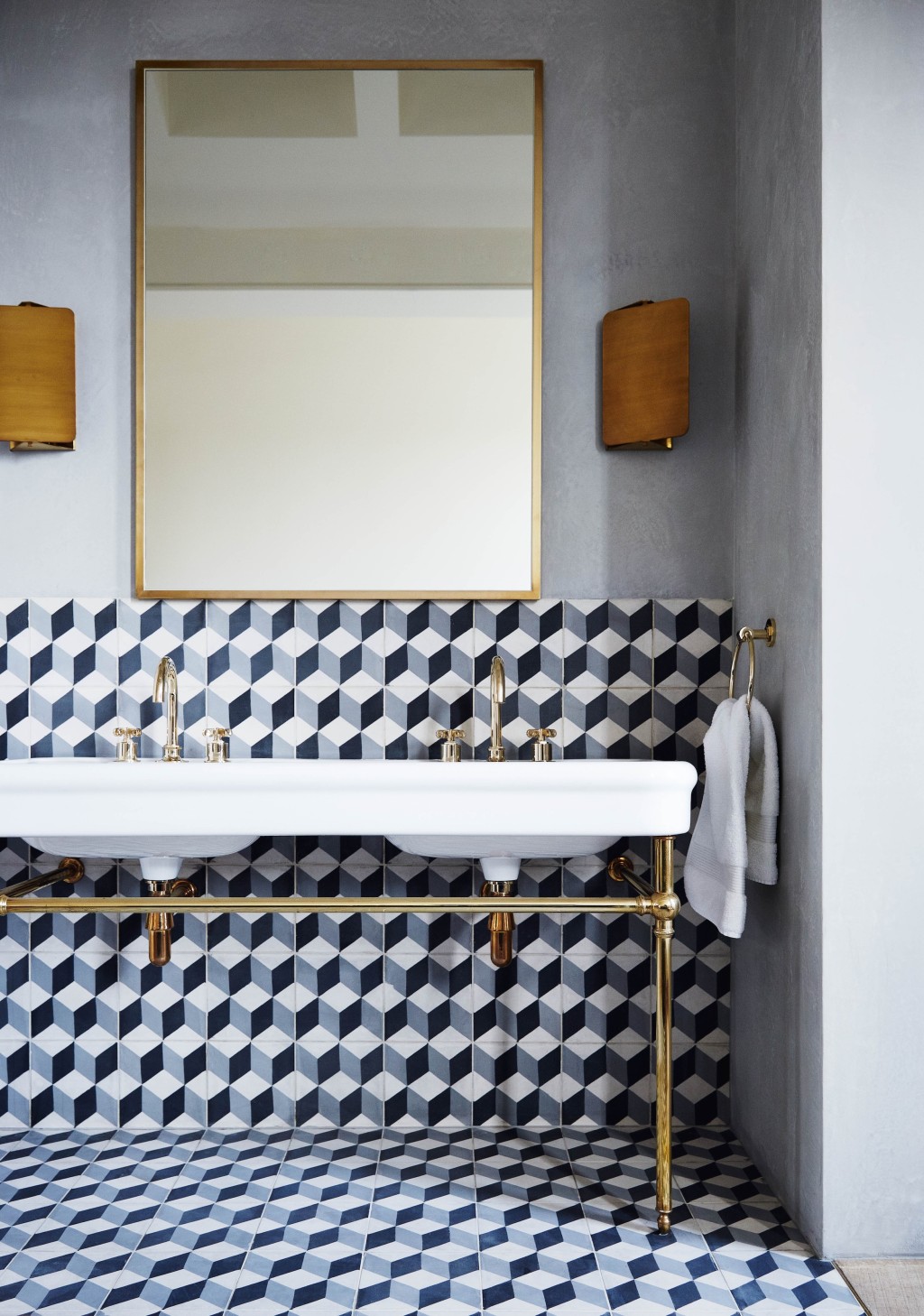 Feature, Notting Hill town house, contemporary, modern, graphic, geometric patterns, family home, bright, interior, bathroom, basins, brass taps, tiles