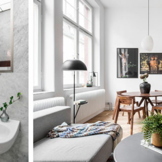 Badrumsinspiration - Litet badrum med carrara marmor, inbyggt spegelskåp och duschdraperi.