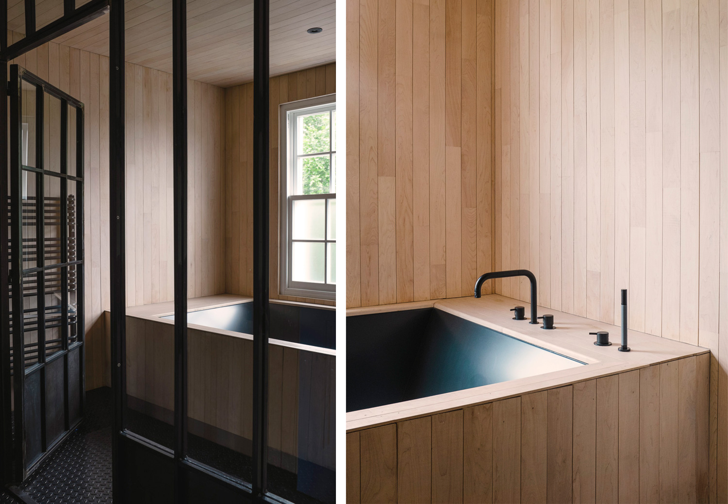 Badrumsinspiration - industriellt badrum med inspiration från Japan med svart stål, svart glasväggar och svarta blandare.