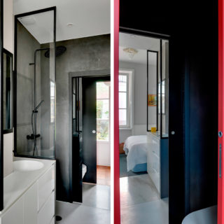Badrumsinspiration - Litet badrum i Paris med svart duschvägg, tadelakt och skjutdörr