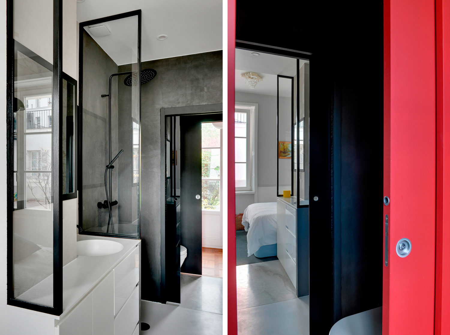 Badrumsinspiration - Litet badrum i Paris med svart duschvägg, tadelakt och skjutdörr