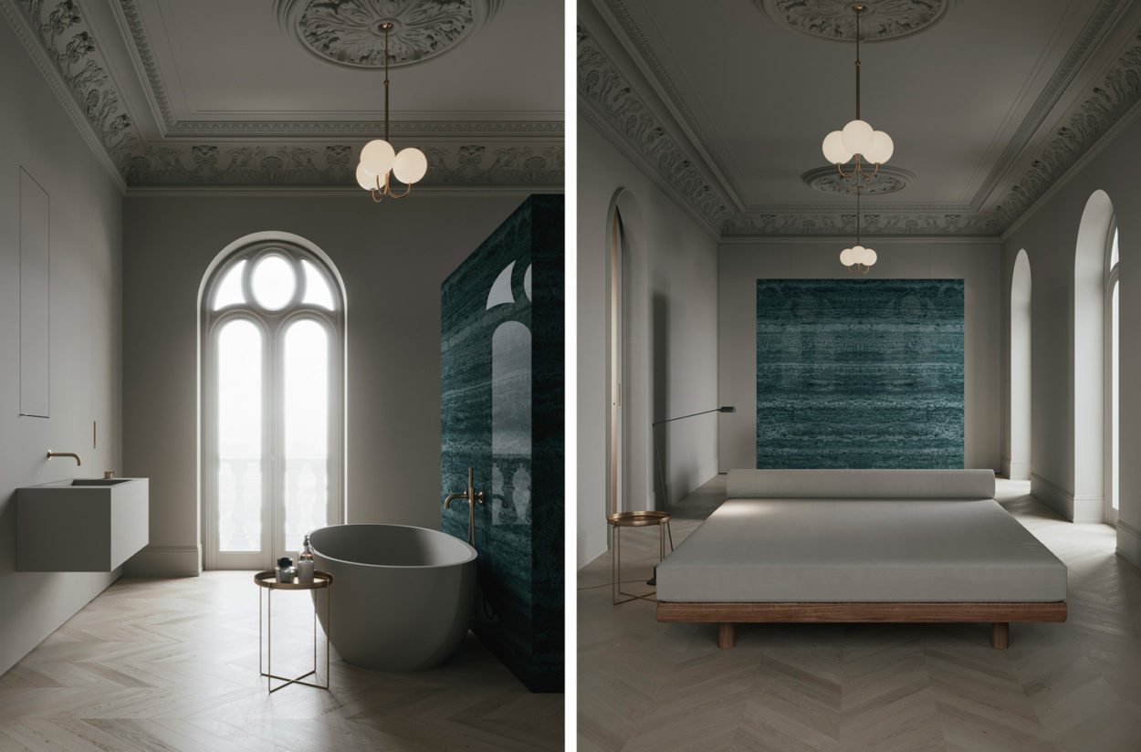 badrumsinspiration modernt gratt badrum inspiration gron marmor badrumsbelysning badkar master bedroom stuckatur takrosett chevron tres chic emil dervish evgeniy bulatnikov badrumsdrommar