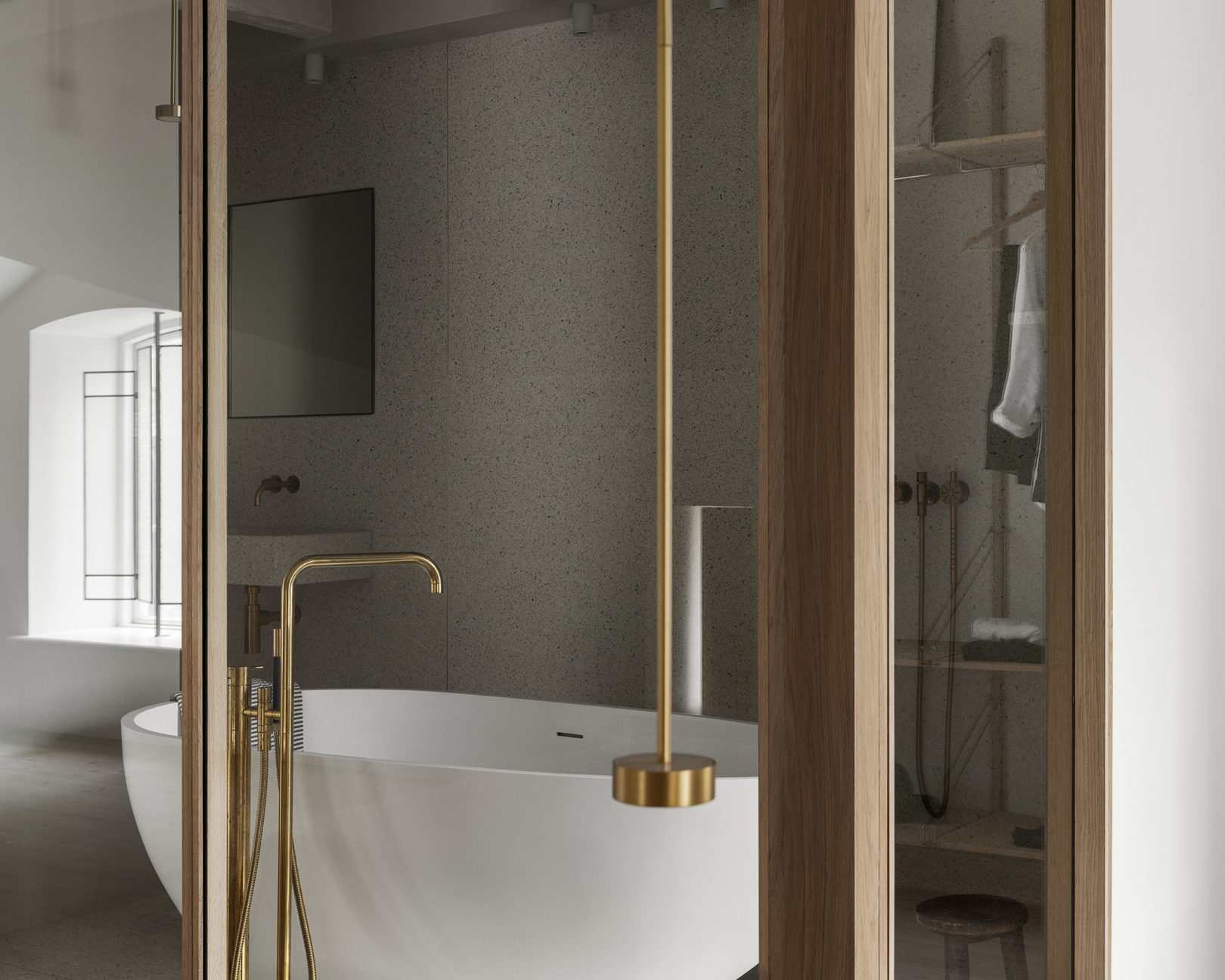 badrumsinspiration terrazzo badrum inspiration brass bathroom glasvagg fristaende badkar badrumsbelysning design frama stable house copenhagen photo erik lefvander badrumsdrommar