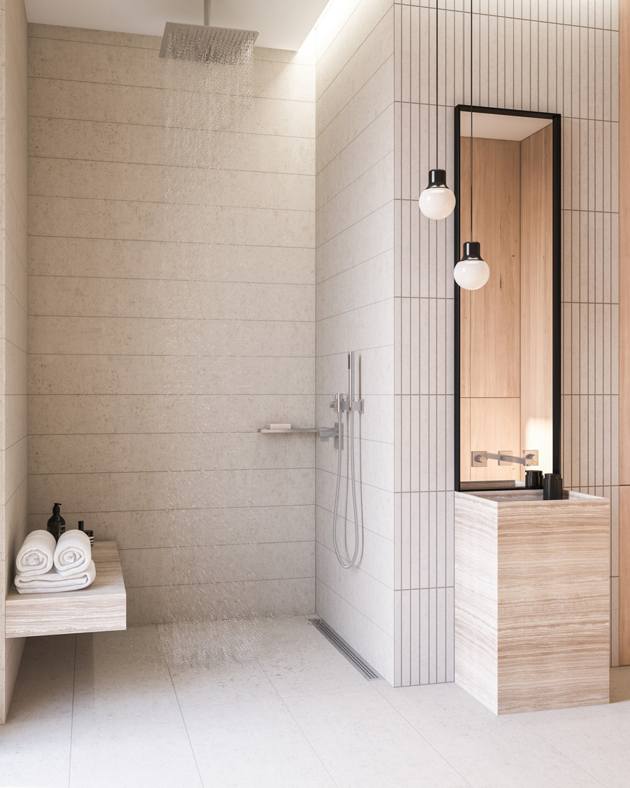 badrumsinspiration beige modernt badrum dusch inbyggd takdusch duschbank unidrain classicline drain badrumsdrommar