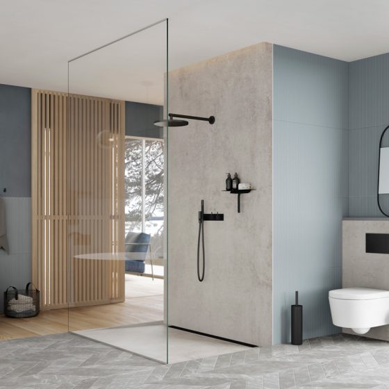 badrumsinspiration bla kakel badrum badkar dusch glasvagg unidrain highline drain svart badrumsdrommar