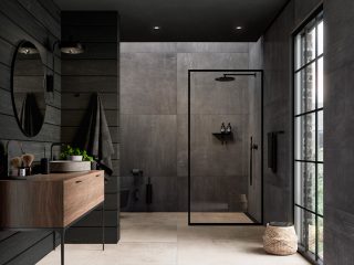 badrumsinspiration svart granitkeramik badrum dusch svart takdusch rund spegel unidrain highline drain svart badrumsdrommar