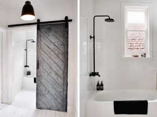 Badrumsinspiration - litet badkar slitet trä skjutdörr badrum inspiration badrumsdrömmar feature 2