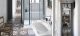 Badrumsinspiration - vintage badrum i Paris med marrockanskt golv, vita fasade kakel, industriell dusch, gammeldags balndare och industrilampa