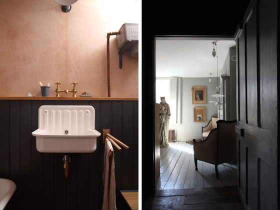 Badrumsinspiration - svart rosa badrum inspiration arts crafts kalkmalade vaggar design Patrick Williams Berdoulat London flat via Remodelista badrumsdrommar feature