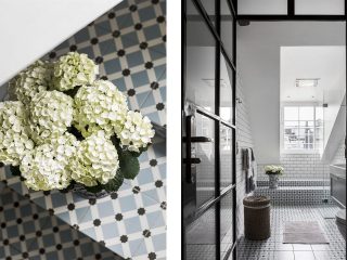 Badrumsinspiration - litet badrum mönstrat golv marockanskt vitt10x20 kakel vasastan interior badrumsdrommar feature