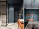 Badrumsinspiration - Retrobadrum med midcentury design, målade badrumsväggar, mörka snickerier, grafiskt badrumsgolv, fristående badkar och teak skänk som badrumsmöbel i St Petersburg, Ryssland