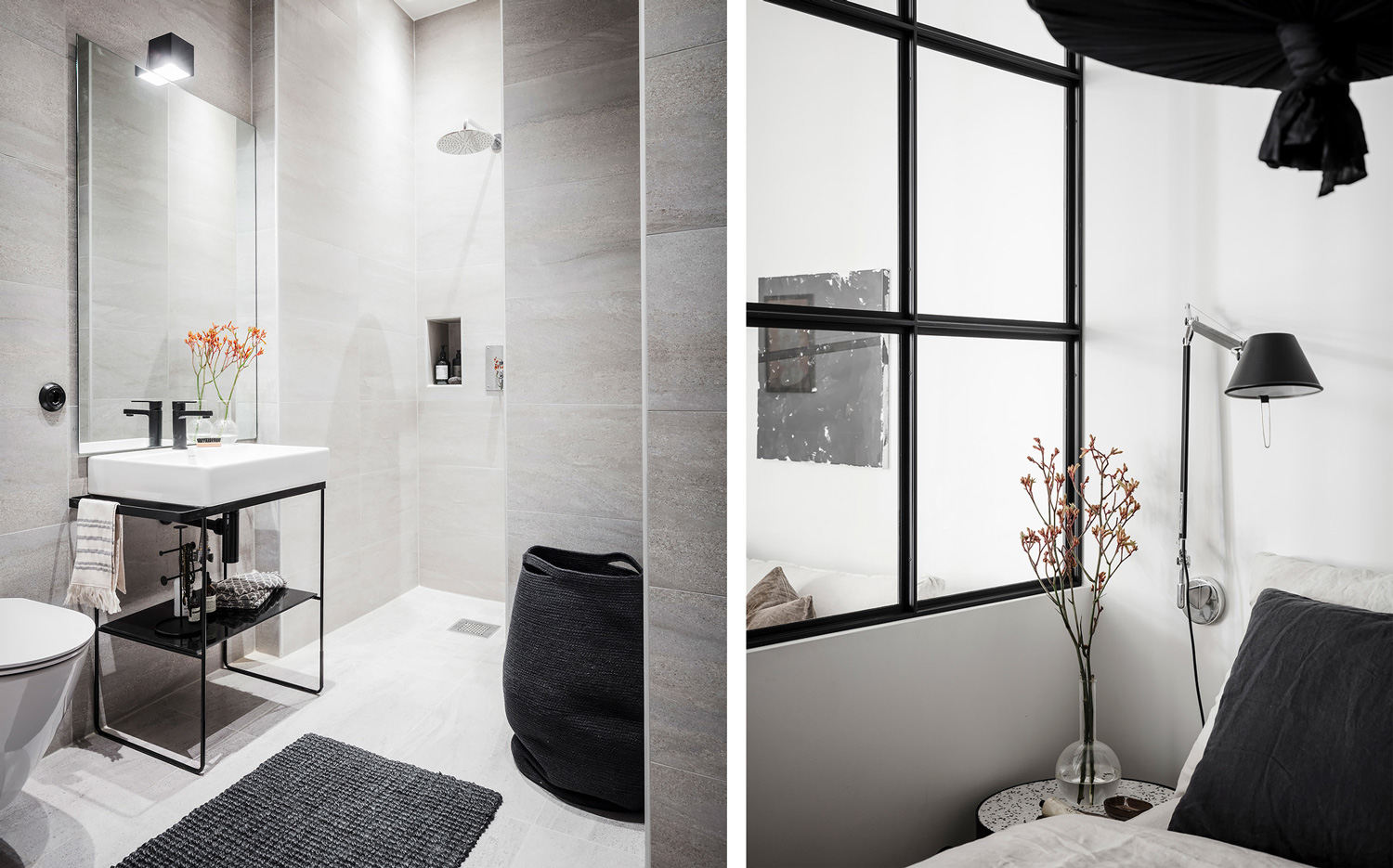 Badrumsinspiration - badrum med stora plattor och svart glasvägg