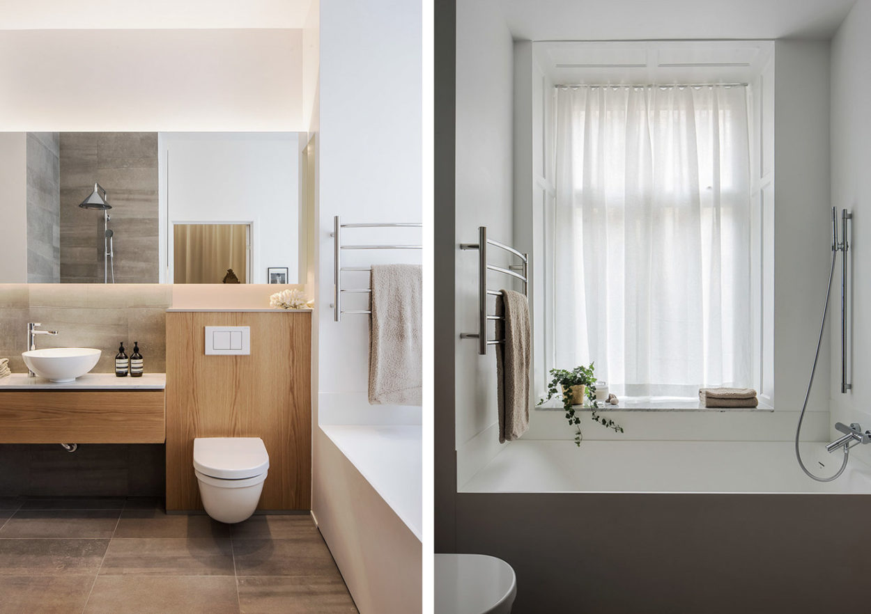 Badrumsinspiration - badrum med vita väggar, grå platta och badrumsmöbel i trä och takdusch från Front design