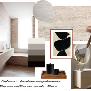 Badrumsinspiration - Skapa stilen Tres chic i badrum med travertine, midcentury design, Perriand stool och INR badrumsmöbel i cappuccino