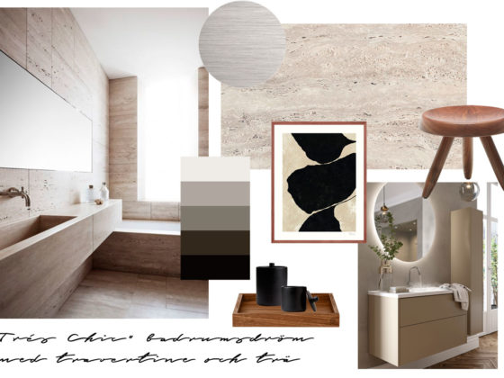 Badrumsinspiration - Skapa stilen Tres chic i badrum med travertine, midcentury design, Perriand stool och INR badrumsmöbel i cappuccino